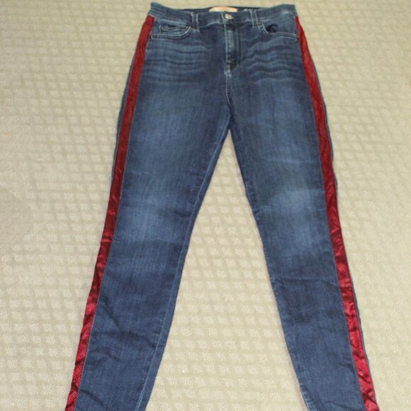 7 For All Mankind Size 26 High Waist Ankle Skinny Blue Jeans Red Black Stripe - Picture 1 of 8
